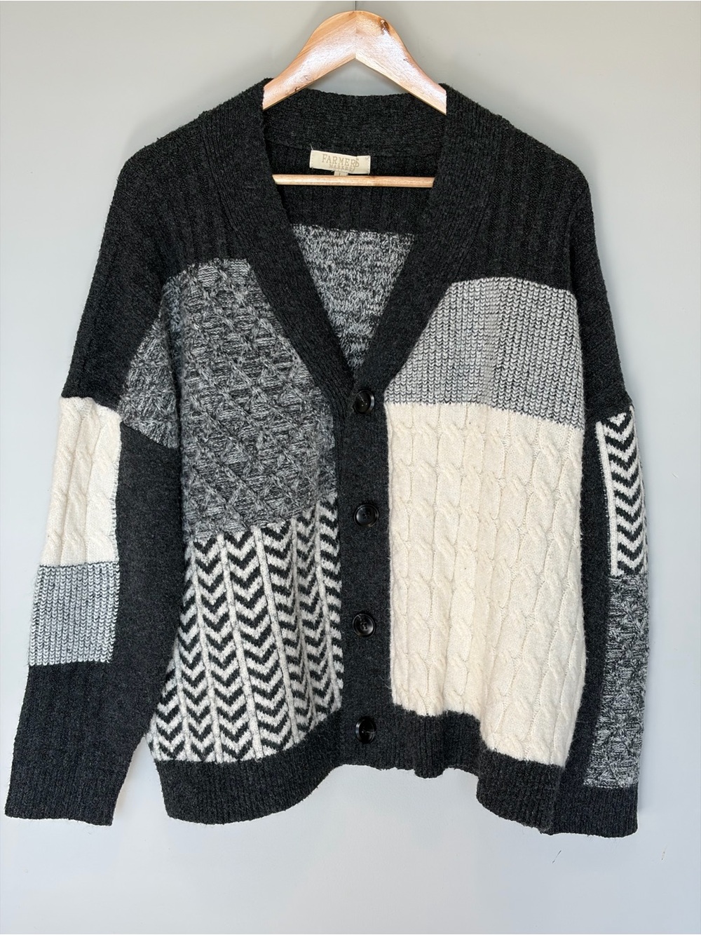Farmer’s Market Black, Gray & Cream Patchwork Cable Cardigan